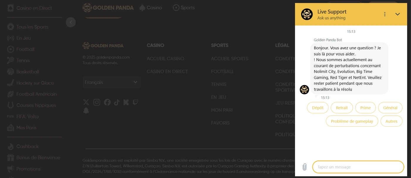 Assistance par chat en direct du casino Golden Panda
