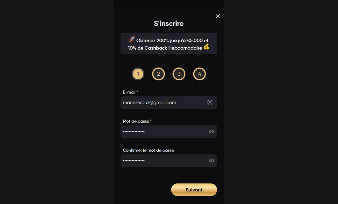 Deuxième étape de l'inscription au casino Golden Panda