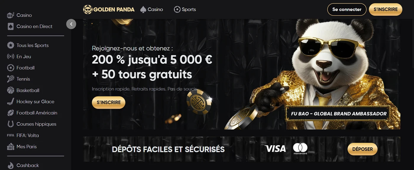 Aperçu de la page principale du casino Golden Panda